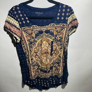 Lucky brand. Blue, tan and orange mandala blouse. Size large.